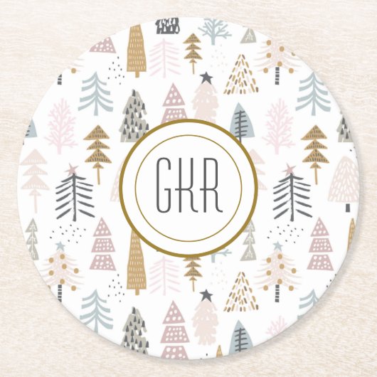 Moderne monogram, grillige winterbomen ronde kartonnen onderzetter (Voorkant)