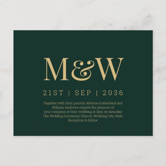 Moderne Monogram Groen Goud Bruiloft Uitnodiging (Voorkant)