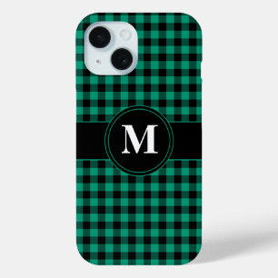 Moderne Monogram Groen Plaid Patroon iPhone 15 Case
