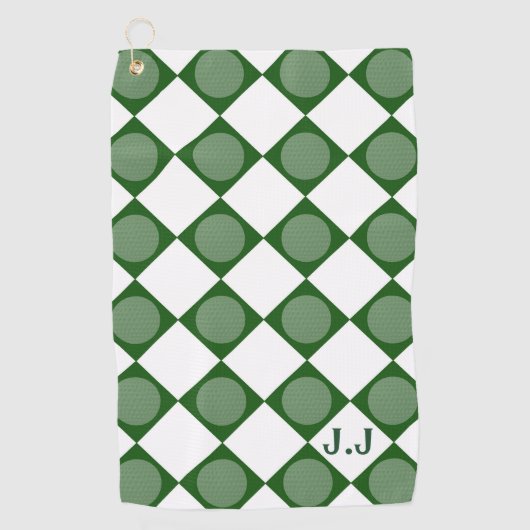 Moderne Monogram Groene en Witte Magnetische Douan Golfhanddoek (Voorkant)