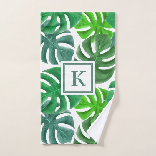 Moderne Monogram Groene Palmbladeren Bad Handdoek (Handdoek)