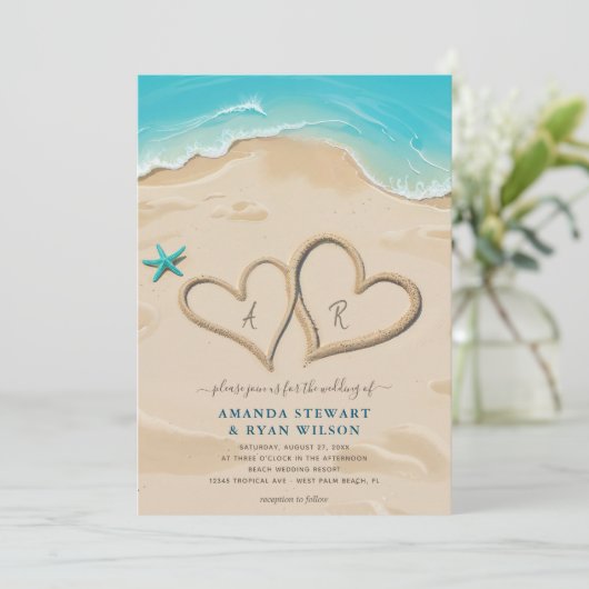 Moderne Monogram Harten in de Zandbruiloft Kaart (Staand voorkant)