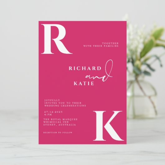 Moderne Monogram Heldere Bold Roze Foto Kaart (Staand voorkant)