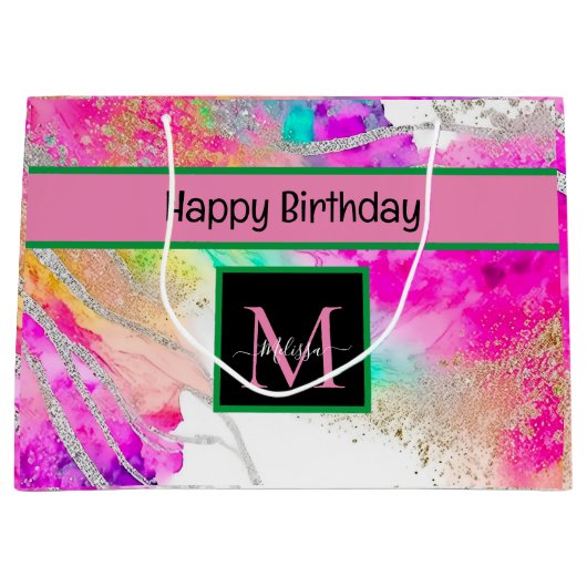 Moderne Monogram Holografische Verjaardag Groot Cadeauzakje (Voorkant)