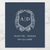 Moderne Monogram Huwelijk Marine Blauwe Kreeft Wijn Etiket (Enkel label)