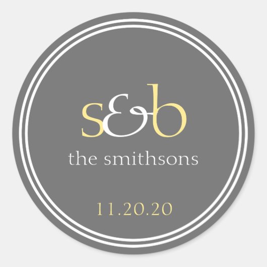 Moderne Monogram huwelijksetiketten (geel/grijs) Ronde Sticker (Voorkant)