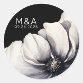 Moderne Monogram Initiaal Bloem Zwart Bruiloft Ronde Sticker (Voorkant)