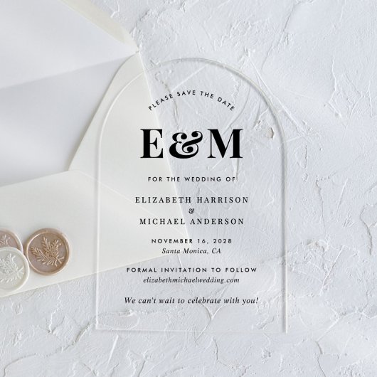 Moderne Monogram Initiaal Boog Save The Date Acryl Uitnodigingen
