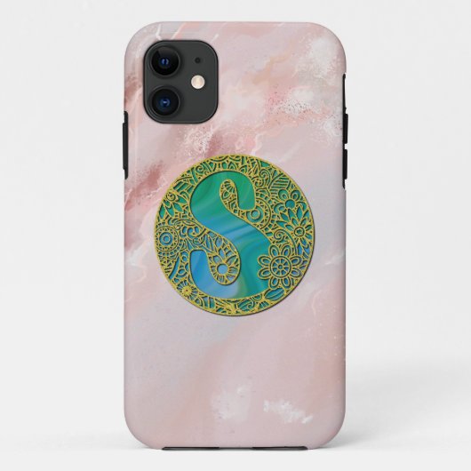 Moderne Monogram Initiaal Gouden Letter en Turquoi Case-Mate iPhone Case (Achterkant)