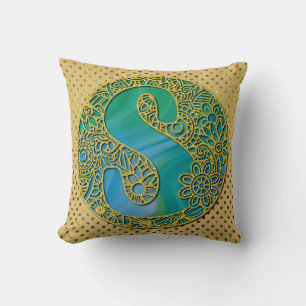 Moderne Monogram Initiaal Gouden Letter en Turquoi Kussen