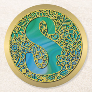 Moderne Monogram Initiaal Gouden Letter en Turquoi Ronde Kartonnen Onderzetter