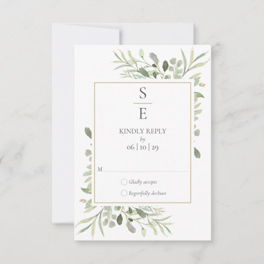 Moderne Monogram Initiaal Groene Huwelijk RSVP Kaartje (Voorkant)