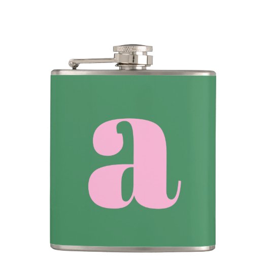 Moderne Monogram Initiaal Letter Roze Groen Huweli Heupfles (Voorkant)