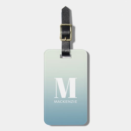 Moderne Monogram Initiaal Naam Blauwgroen Aqua Gra Bagagelabel (Voorkant verticaal)