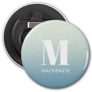 Moderne Monogram Initiaal Naam Blauwgroen Aqua Gra Button Flesopener