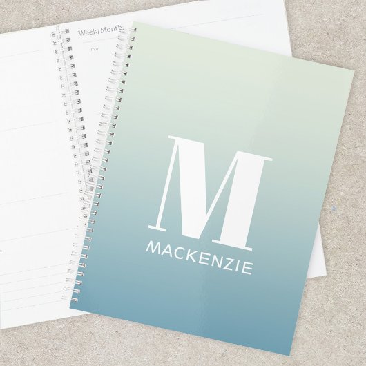 Moderne Monogram Initiaal Naam Blauwgroen Aqua Gra Planner