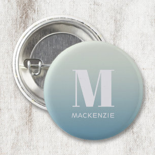 Moderne Monogram Initiaal Naam Blauwgroen Aqua Gra Ronde Button 3,2 Cm
