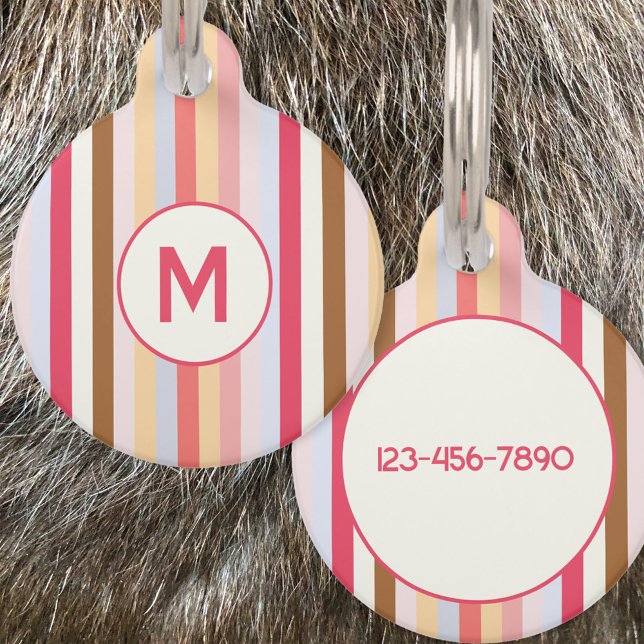 Moderne Monogram Initiaal Pastel Snoep Streep Huisdierpenning (Pastel Stripe personalized monogram initial phone number pet tag)
