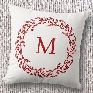 Moderne Monogram Initiaal Rode Blad en Bes Tak Kussen