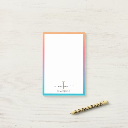 Moderne Monogram Initiaal Script Blauw Oranje Ombr Post-it® Notes (Op bureau)