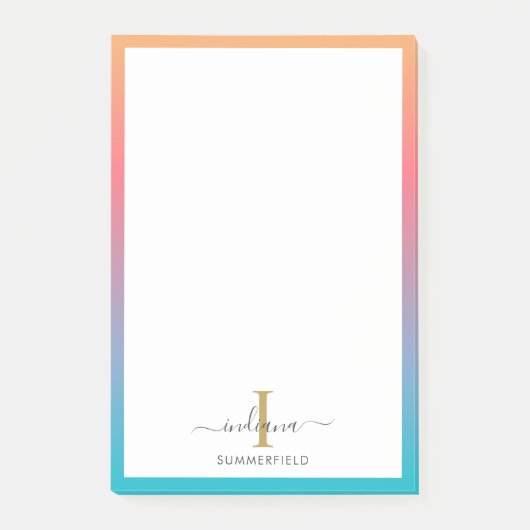 Moderne Monogram Initiaal Script Blauw Oranje Ombr Post-it® Notes (Voorkant)