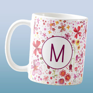 Moderne Monogram Initiaal Wildflower Waterverf Koffiemok