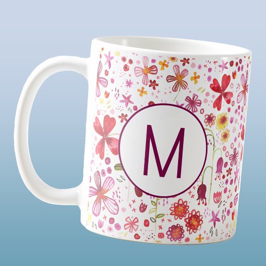 Moderne Monogram Initiaal Wildflower Waterverf Koffiemok