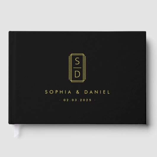Moderne monogram initialen bruiloft zwart echte fo gastenboek (Voorkant)