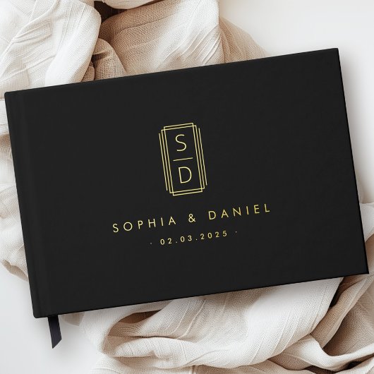 Moderne monogram initialen bruiloft zwart echte fo gastenboek