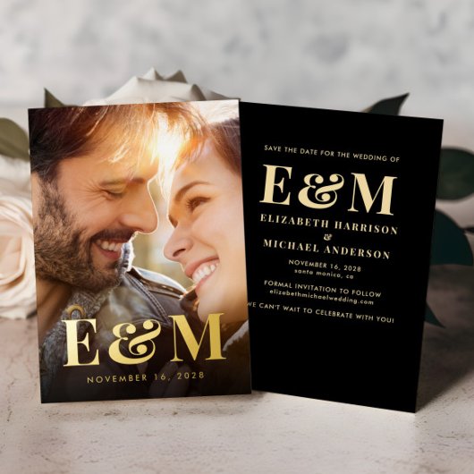 Moderne Monogram Initialen Foto Save The Date Gold Folie Uitnodiging