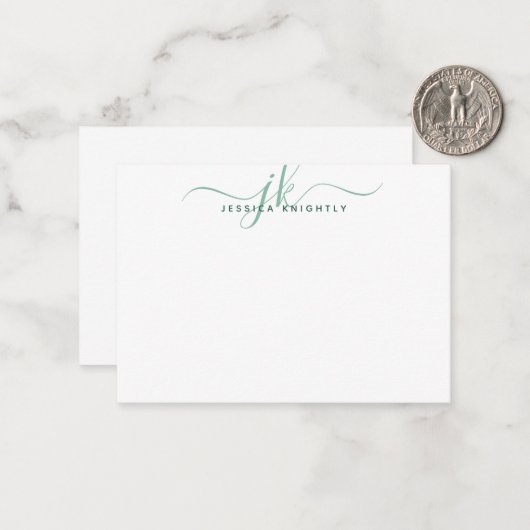 Moderne Monogram Initialen Het Manuscript Groene N Notitiekaartje (Voorkant / Achterkant in situ)