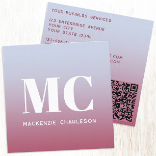 Moderne Monogram Initialen QR Code Roze Blu Gradië Vierkante Visitekaartje