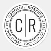 Moderne monogram initialen wit retouradres ronde sticker (Voorkant)