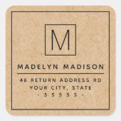 Moderne monogram kraftpapier look retouradres vierkante sticker (Voorkant)