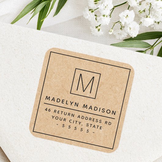 Moderne monogram kraftpapier look retouradres vierkante sticker