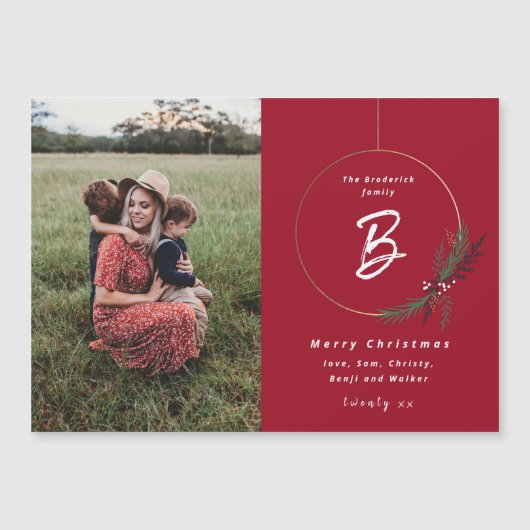 Moderne monogram krans foto kerstkaart (Voorkant)
