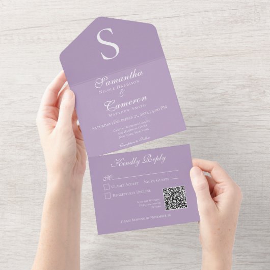 Moderne Monogram Lavender Paarse QR-code All In One Uitnodiging (Afscheurbaar)
