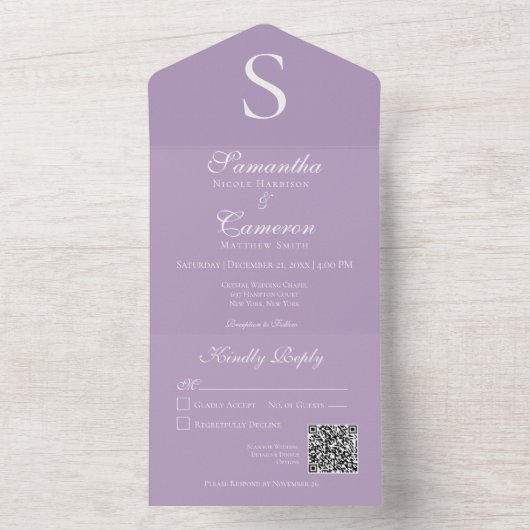 Moderne Monogram Lavender Paarse QR-code All In One Uitnodiging (Binnen)