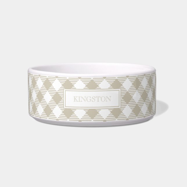 Moderne Monogram Lichtbruine Gingham Streep Hond Voerbakje (Voorkant)