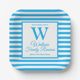 Moderne monogram lichte blauwe strepes gezinsheren papieren bordje