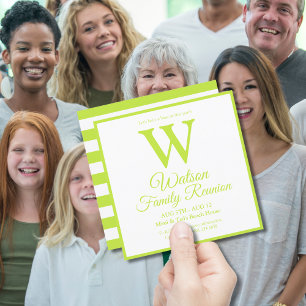Moderne monogram Lime Green Stripes Familie Reunio Kaart