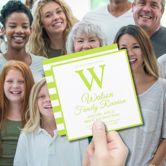 Moderne monogram Lime Green Stripes Familie Reunio Kaart