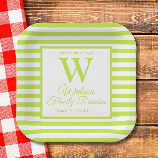 Moderne monogram Lime Green Stripes Familie Reunio Papieren Bordje
