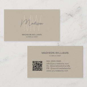 Moderne Monogram Logo QR Code Beige Consultant Visitekaartje