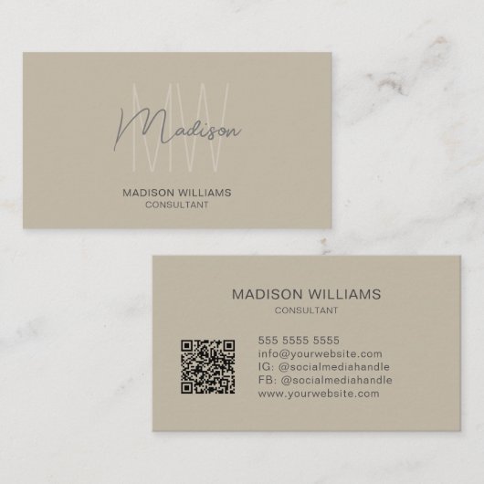 Moderne Monogram Logo QR Code Beige Consultant Visitekaartje (Voorkant / Achterkant)