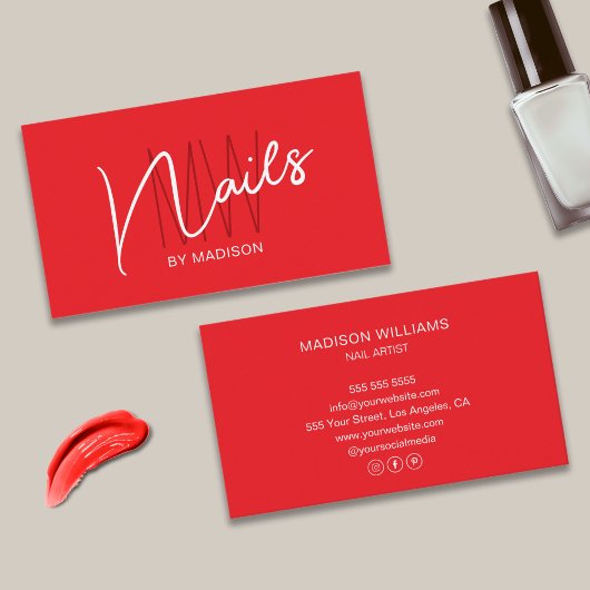 Moderne Monogram Logo Red Nail Artist Visitekaartje