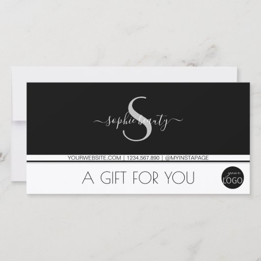Moderne monogram Logo zwart-wit en witte cadeaubon (Voorkant)