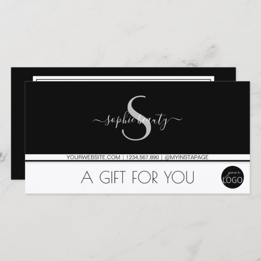 Moderne monogram Logo zwart-wit en witte cadeaubon (Voorkant / Achterkant)