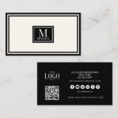 Moderne Monogram Luxe Zwart/Ivory Rand QR Code Visitekaartje (Voorkant / Achterkant)