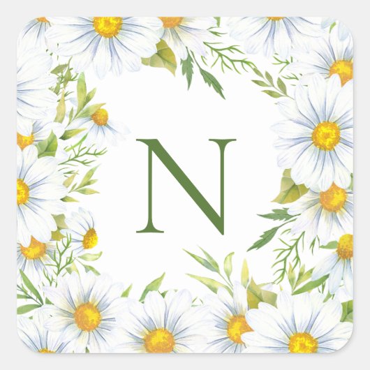 Moderne Monogram Madeliefjes Vierkante Sticker (Voorkant)